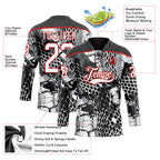 Custom Black White-Red 3D Pattern Snake Skin Print Hockey Lace Neck Jersey