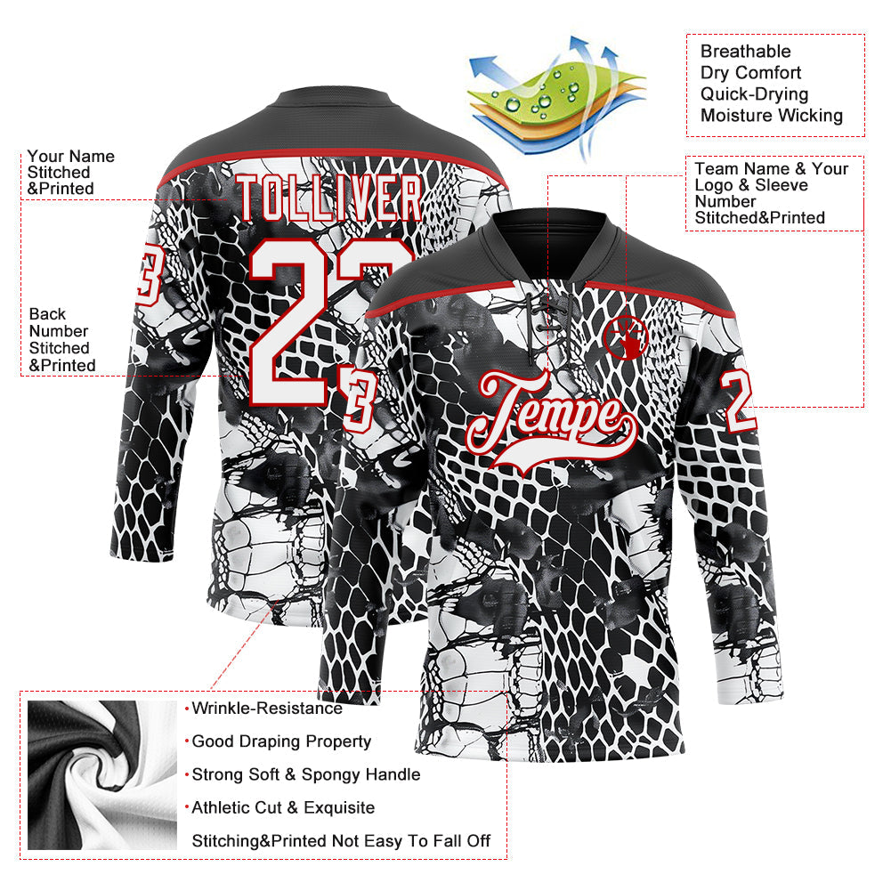 Custom Black White-Red 3D Pattern Snake Skin Print Hockey Lace Neck Jersey
