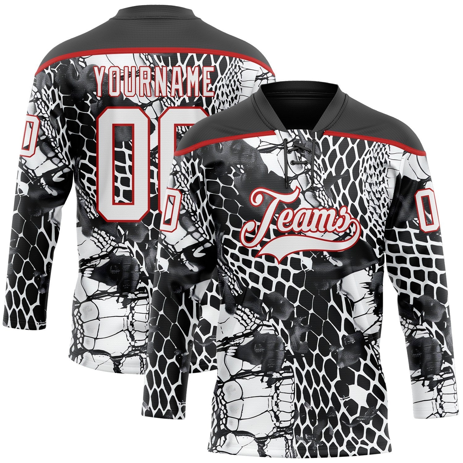 Custom Black White-Red 3D Pattern Snake Skin Print Hockey Lace Neck Jersey