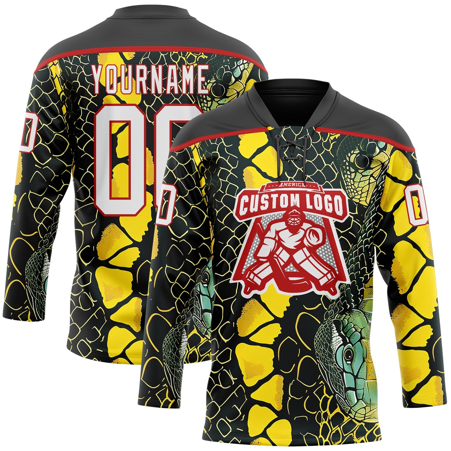 Custom Black White Yellow-Red 3D Pattern Snake Skin Print Hockey Lace Neck Jersey
