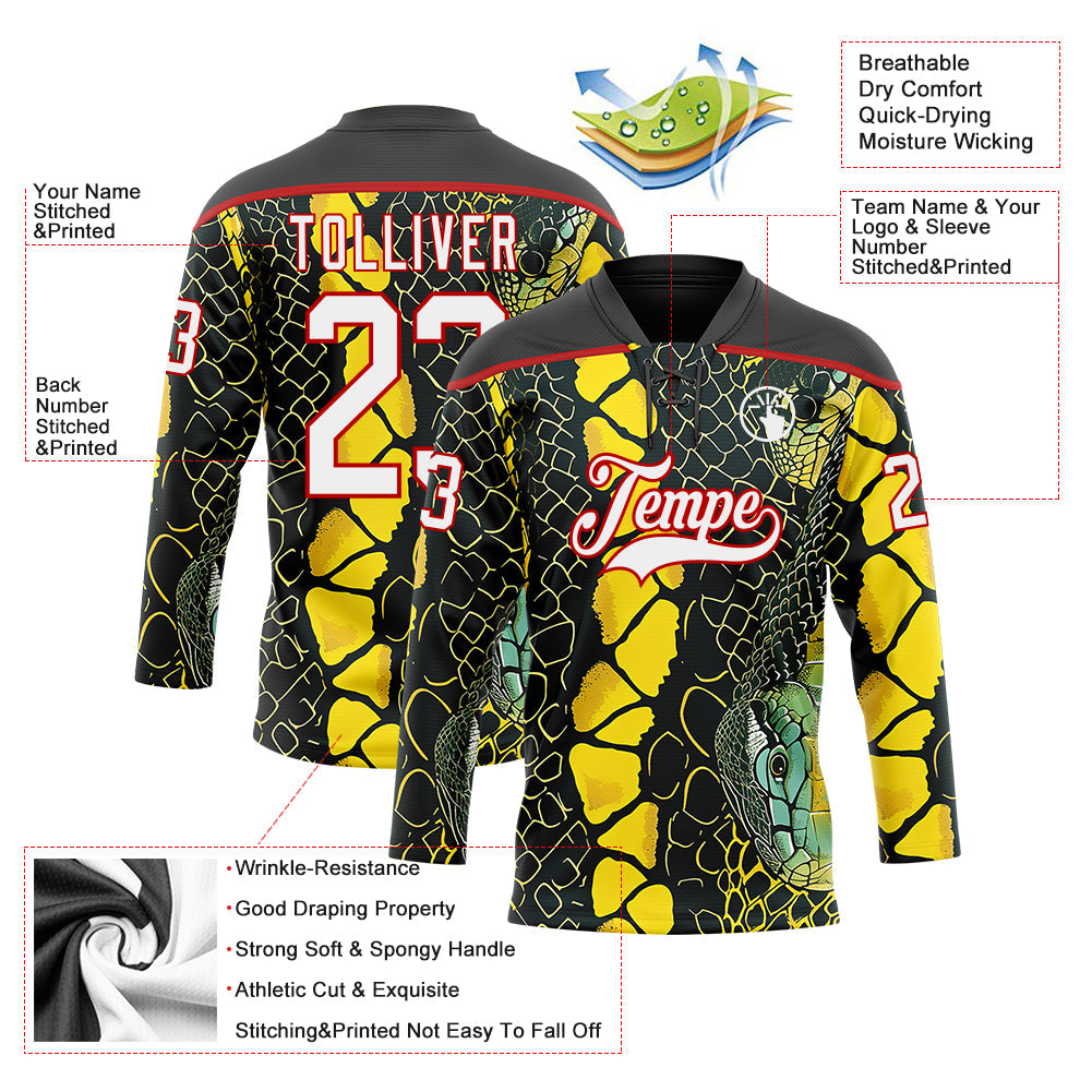 Custom Black White Yellow-Red 3D Pattern Snake Skin Print Hockey Lace Neck Jersey