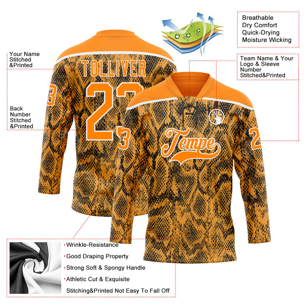 Custom Bay Orange Black-White 3D Pattern Snake Skin Print Hockey Lace Neck Jersey