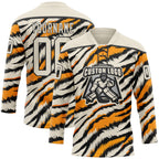 Custom Cream Orange-Black 3D Pattern Tiger Stripes Print Hockey Lace Neck Jersey