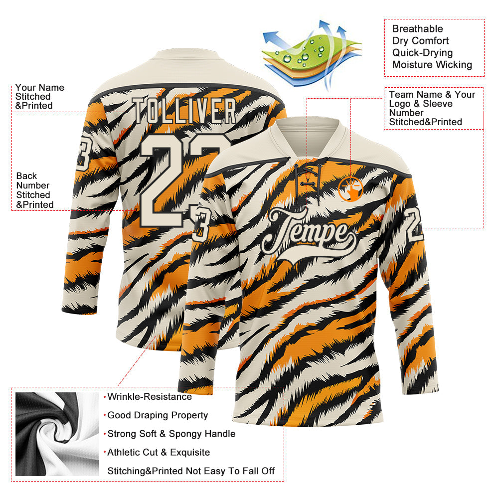 Custom Cream Orange-Black 3D Pattern Tiger Stripes Print Hockey Lace Neck Jersey