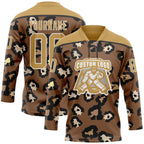 Custom Brown Old Gold Black-White 3D Pattern Leopard Print Hockey Lace Neck Jersey