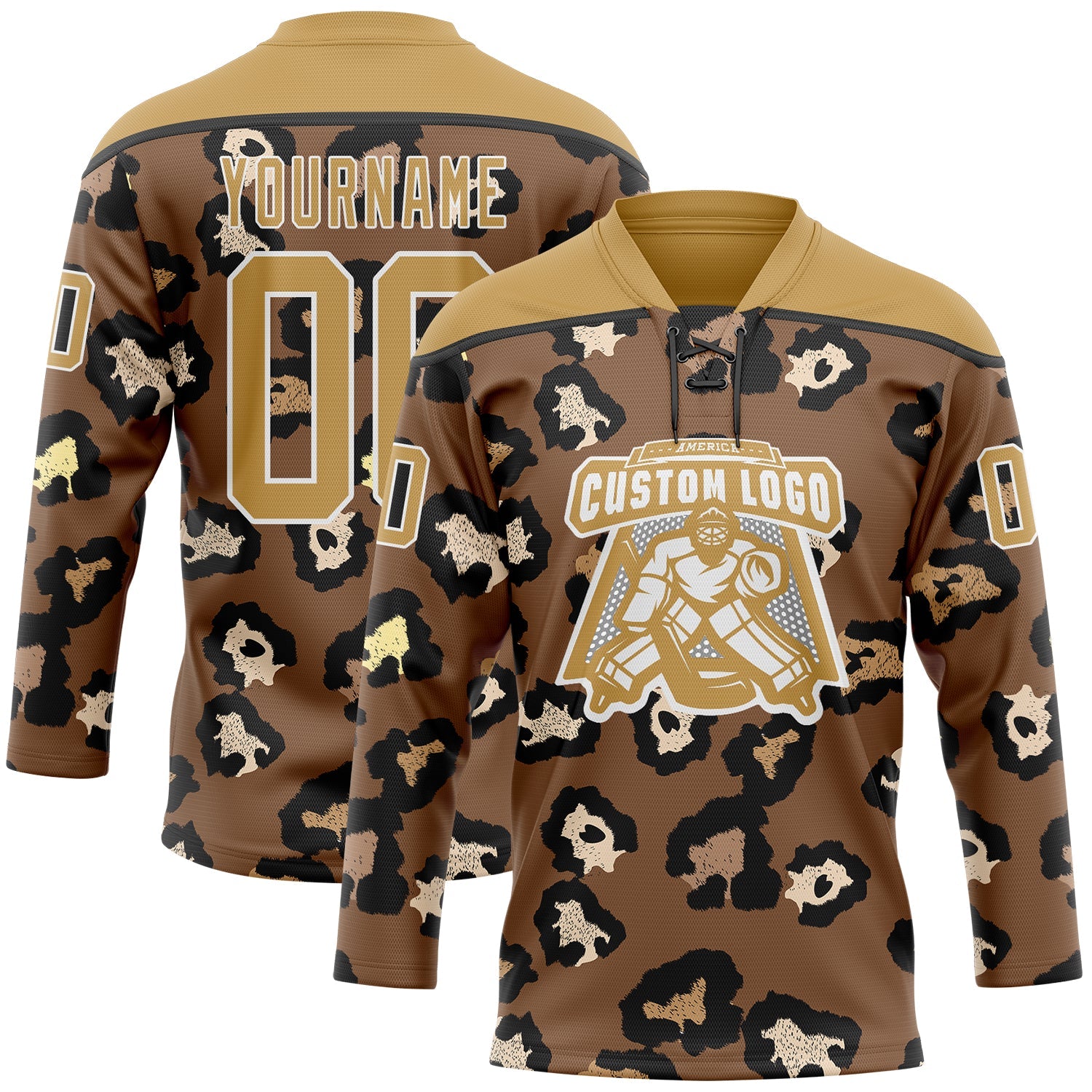 Custom Brown Old Gold Black-White 3D Pattern Leopard Print Hockey Lace Neck Jersey