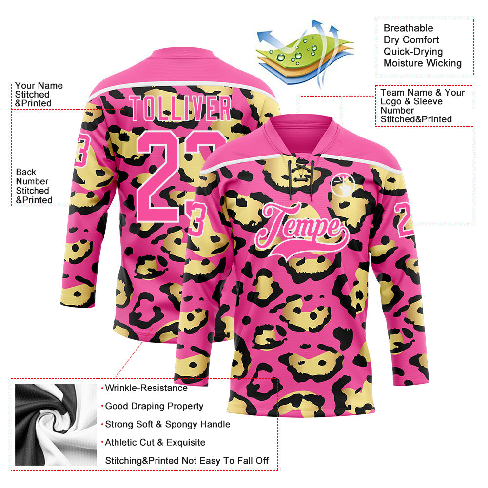 Custom Pink Yellow Black-White 3D Pattern Leopard Print Hockey Lace Neck Jersey