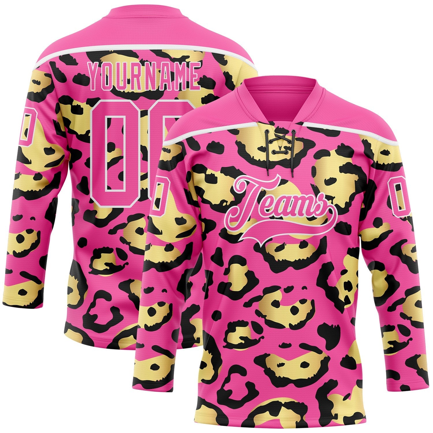 Custom Pink Yellow Black-White 3D Pattern Leopard Print Hockey Lace Neck Jersey