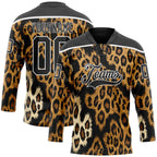 Custom Black Brown Cream-White 3D Pattern Leopard Print Hockey Lace Neck Jersey