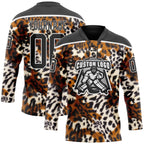 Custom Black Brown Cream-White 3D Pattern Leopard Print Hockey Lace Neck Jersey