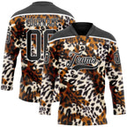Custom Black Brown Cream-White 3D Pattern Leopard Print Hockey Lace Neck Jersey