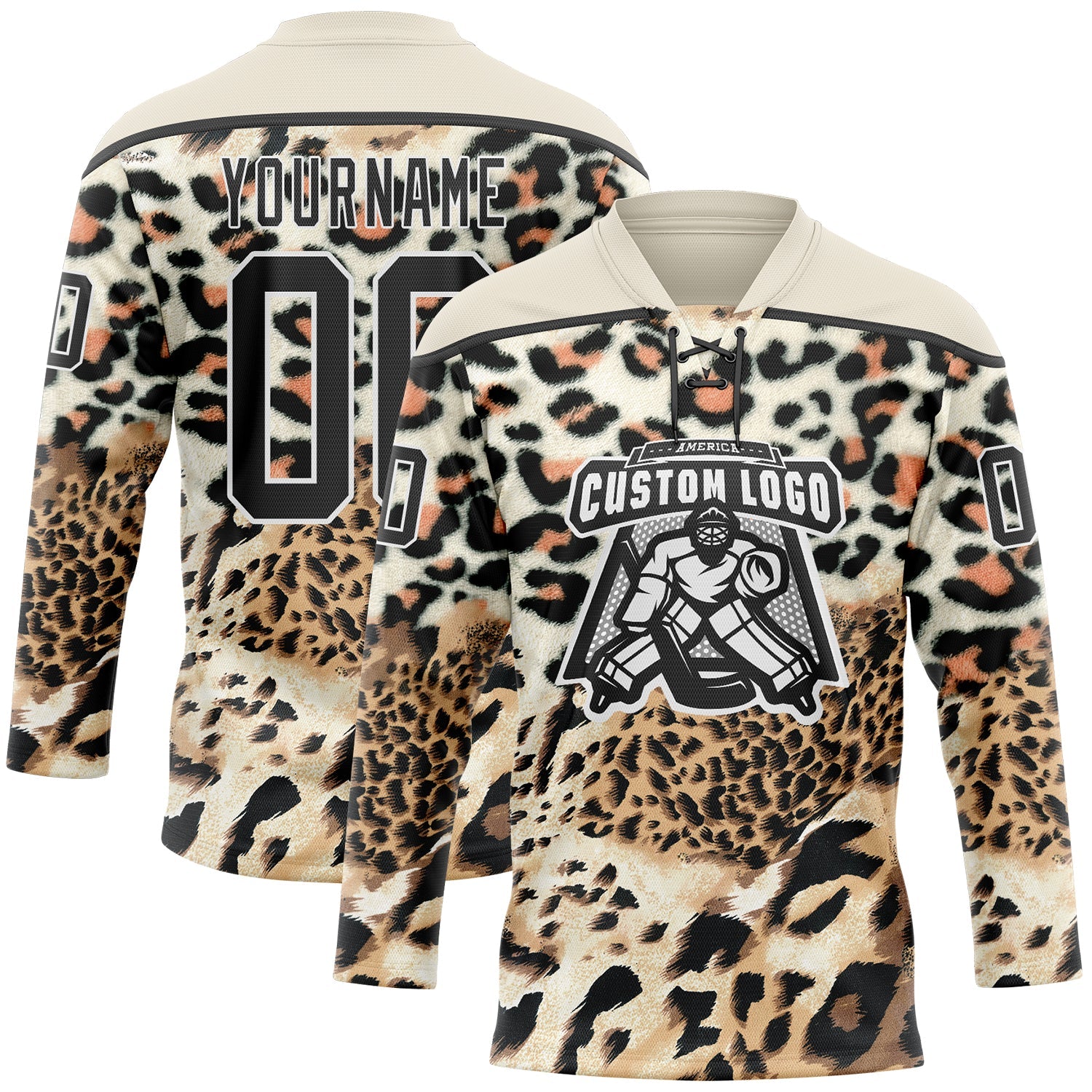 Custom Cream Black Brown-White 3D Pattern Leopard Print Hockey Lace Neck Jersey