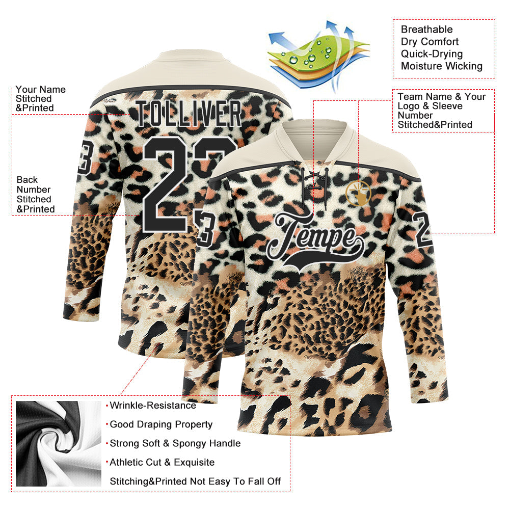 Custom Cream Black Brown-White 3D Pattern Leopard Print Hockey Lace Neck Jersey