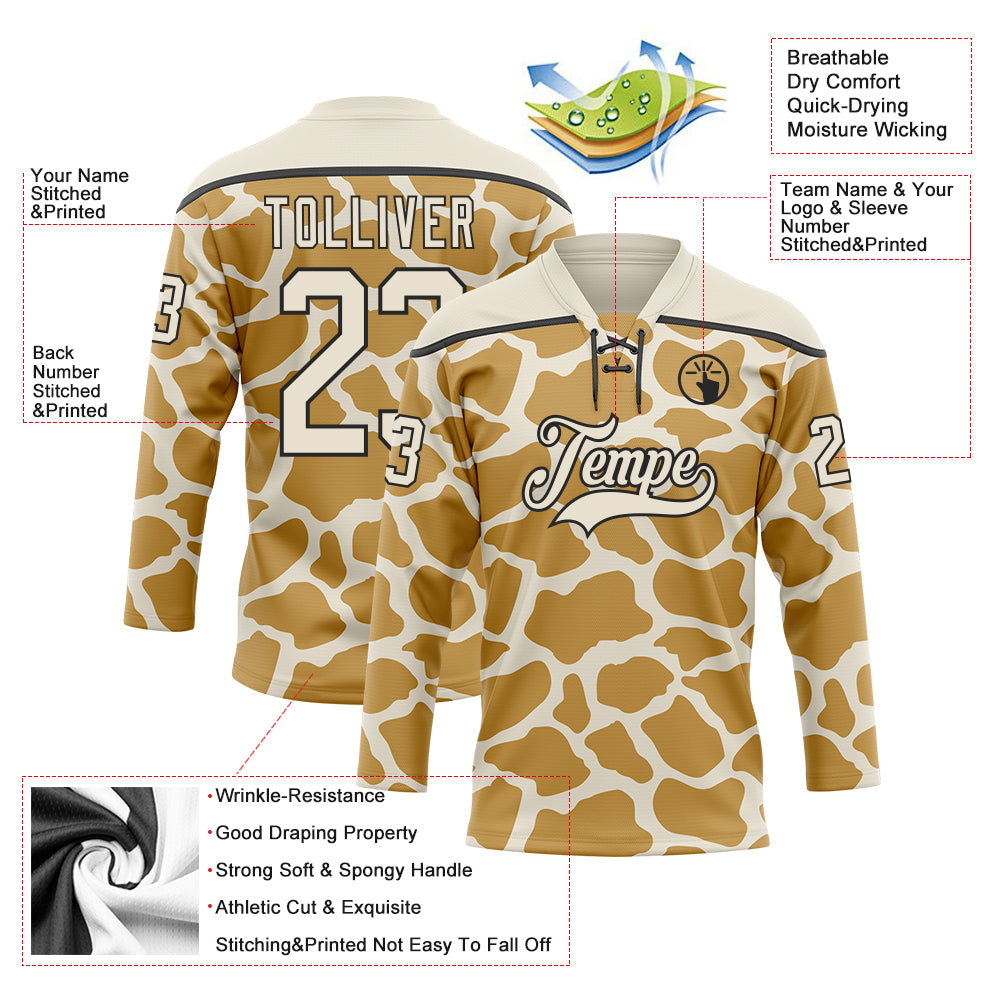 Custom Cream Old Gold-Black 3D Pattern Giraffe Print Hockey Lace Neck Jersey
