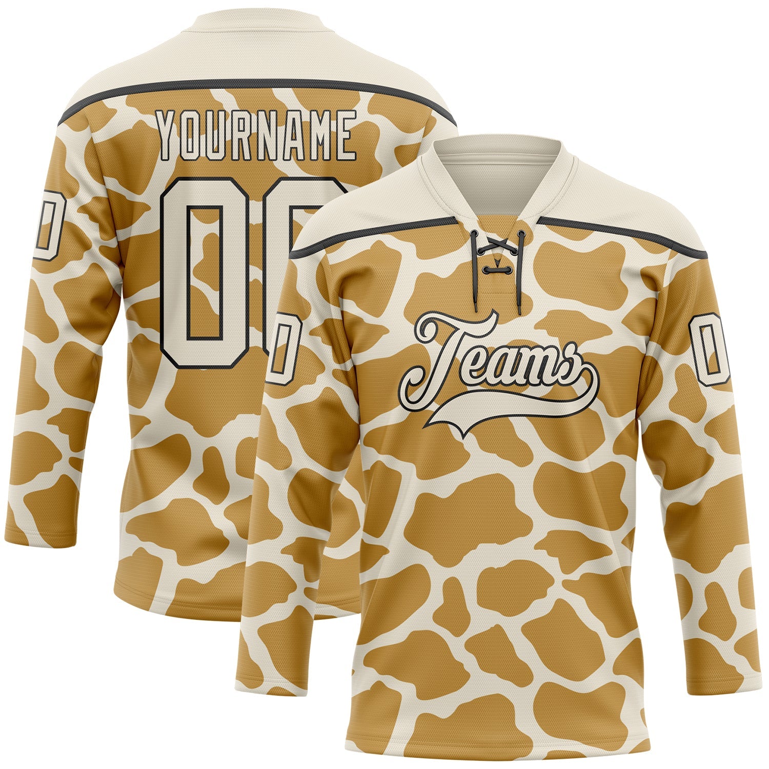 Custom Cream Old Gold-Black 3D Pattern Giraffe Print Hockey Lace Neck Jersey