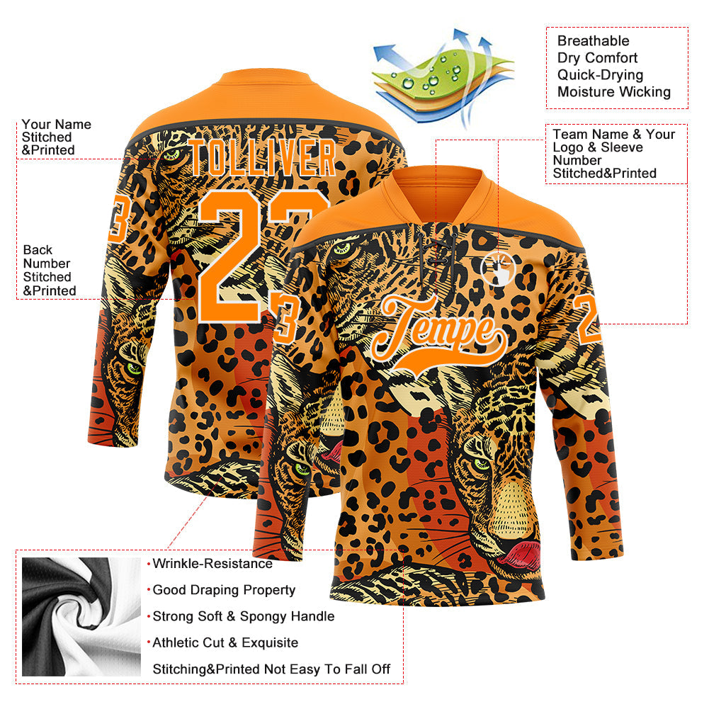 Custom Bay Orange Black-White 3D Pattern Leopard Print Hockey Lace Neck Jersey