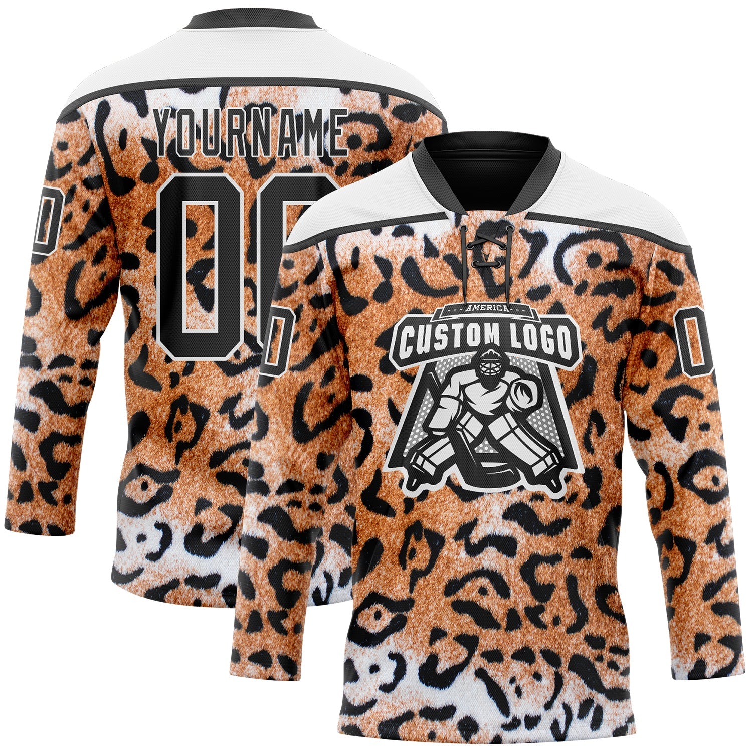 Custom Brown Black-White 3D Pattern Leopard Print Hockey Lace Neck Jersey