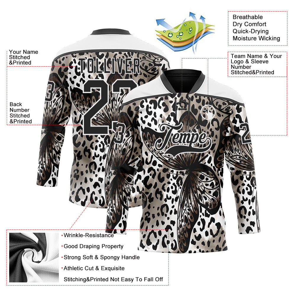 Custom White Black 3D Pattern Leopard Print Hockey Lace Neck Jersey