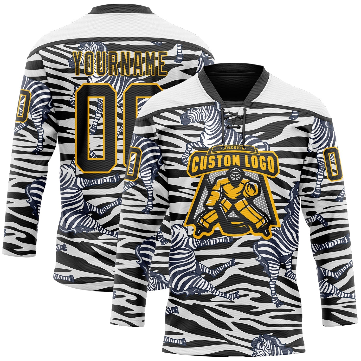 Custom White Black-Gold 3D Pattern Zebra Print Hockey Lace Neck Jersey