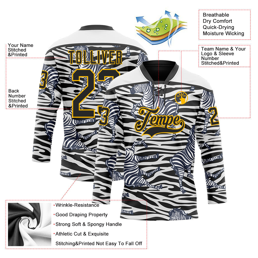 Custom White Black-Gold 3D Pattern Zebra Print Hockey Lace Neck Jersey