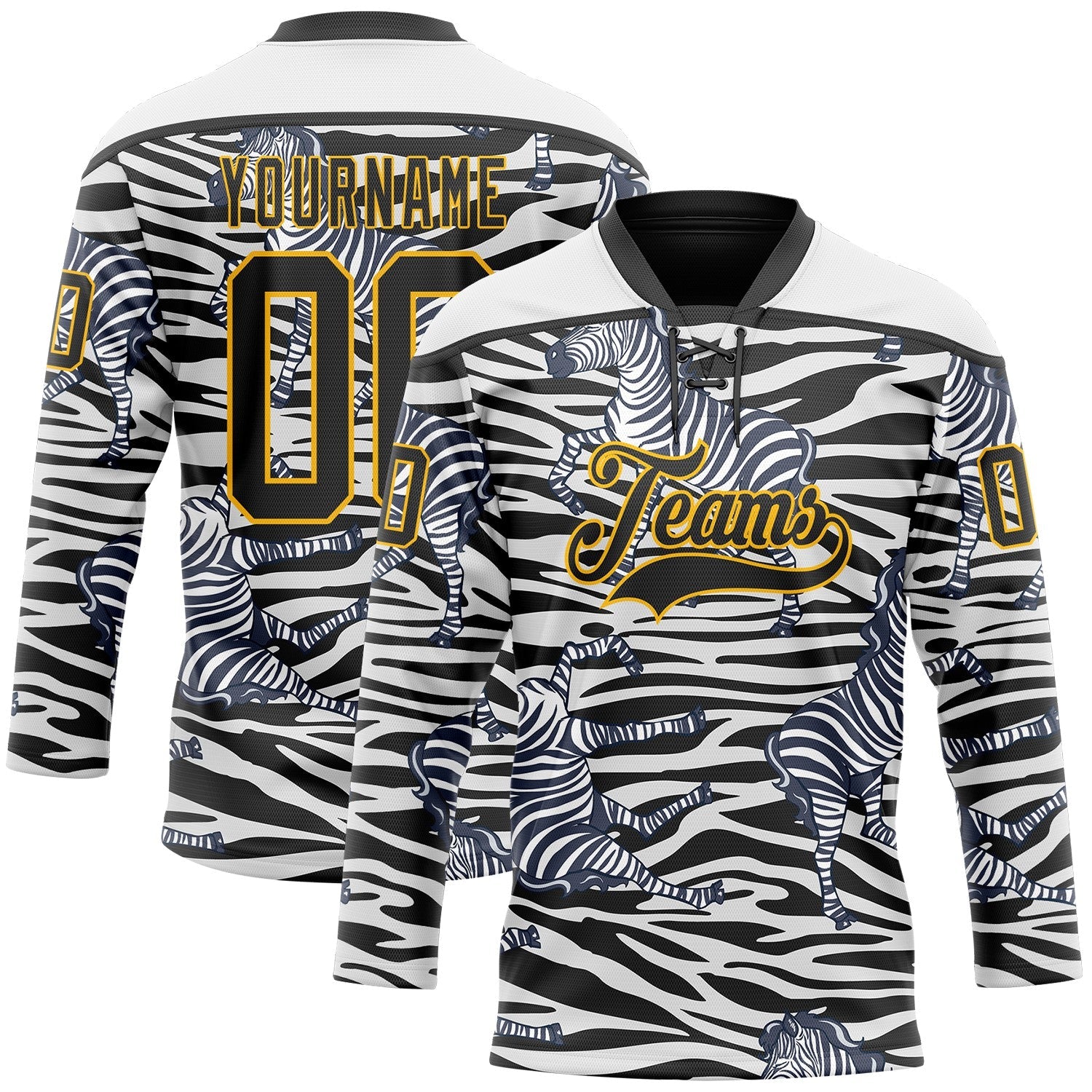 Custom White Black-Gold 3D Pattern Zebra Print Hockey Lace Neck Jersey