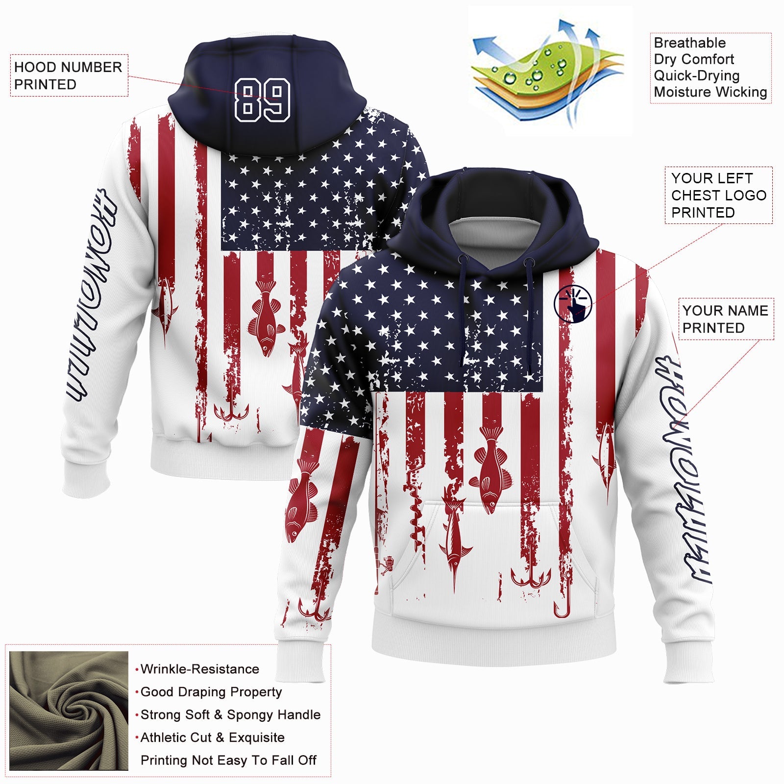 Custom White Navy-Red 3D American Flag And Fish Hook Fishing Sports Pullover Sweatshirt Hoodie
