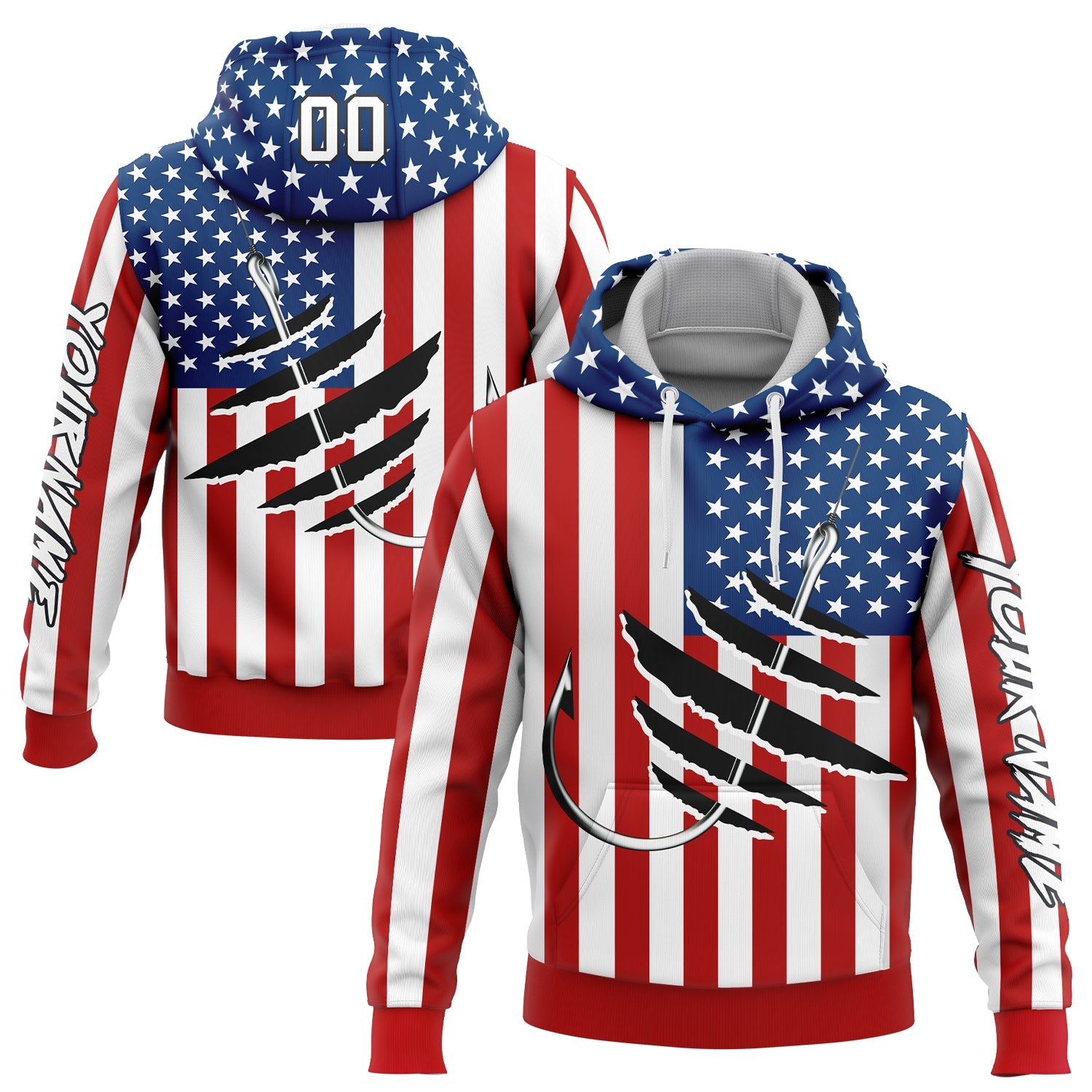 Custom Red US Navy Blue-Black 3D American Flag And Fish Hook Fishing Sports Pullover Sweatshirt Hoodie