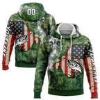 Custom Aurora Green White-Black 3D American Flag And Largemouth Bass Fish Fishing Sports Pullover Sweatshirt Hoodie