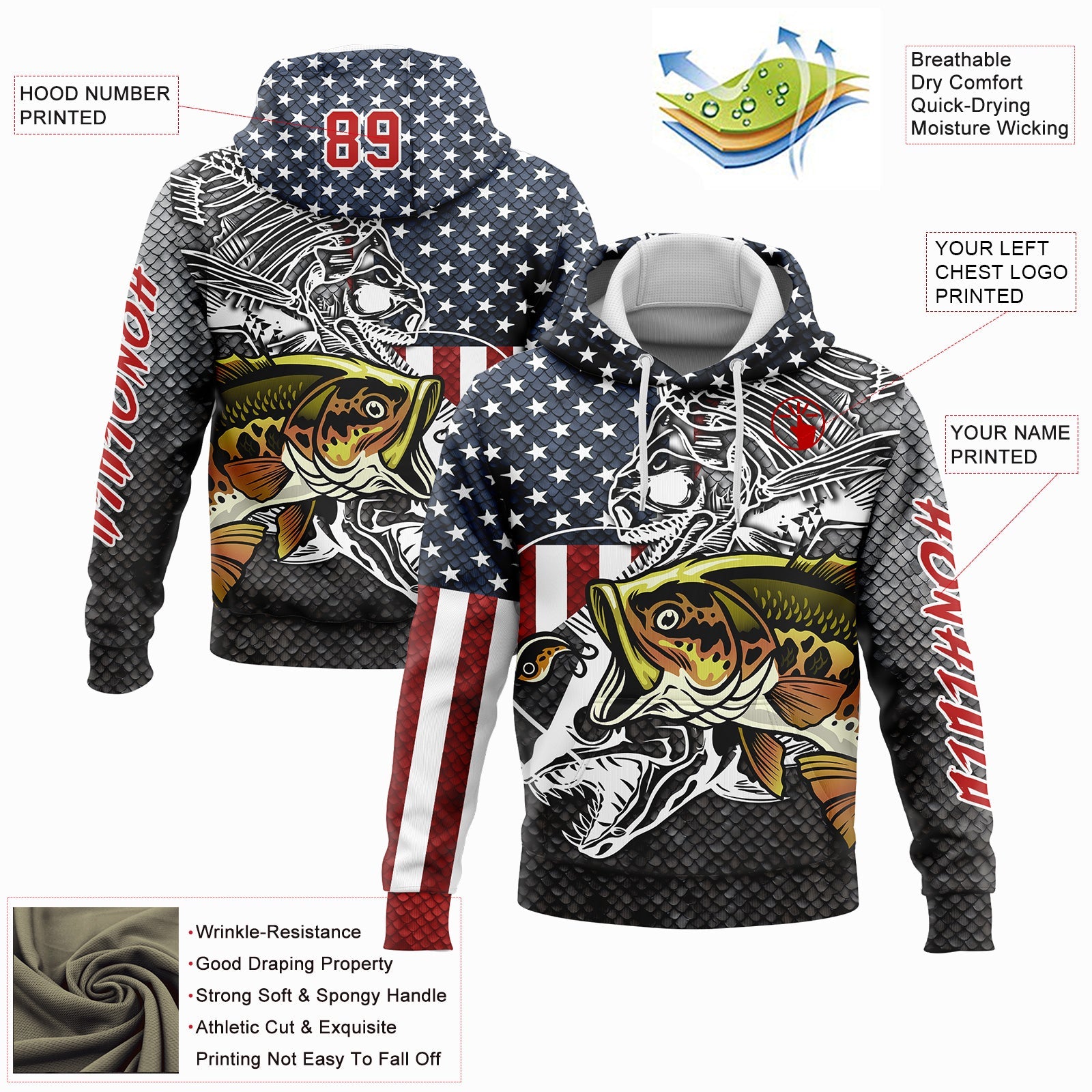 Custom Navy Red-Steel Gray 3D American Flag And Striped Bass Fish Fishing Sports Pullover Sweatshirt Hoodie
