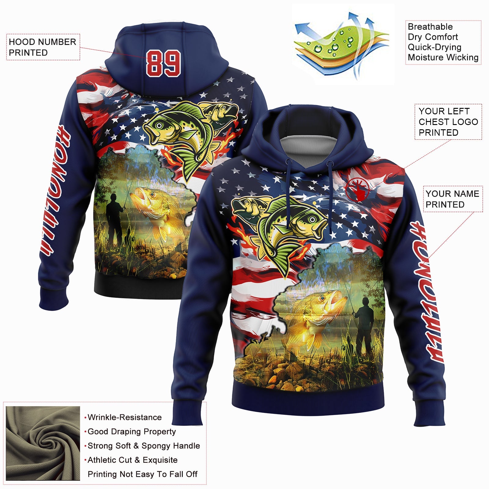Custom Navy Red-White 3D American Flag And Smallmouth Bass Fish Fishing Sports Pullover Sweatshirt Hoodie