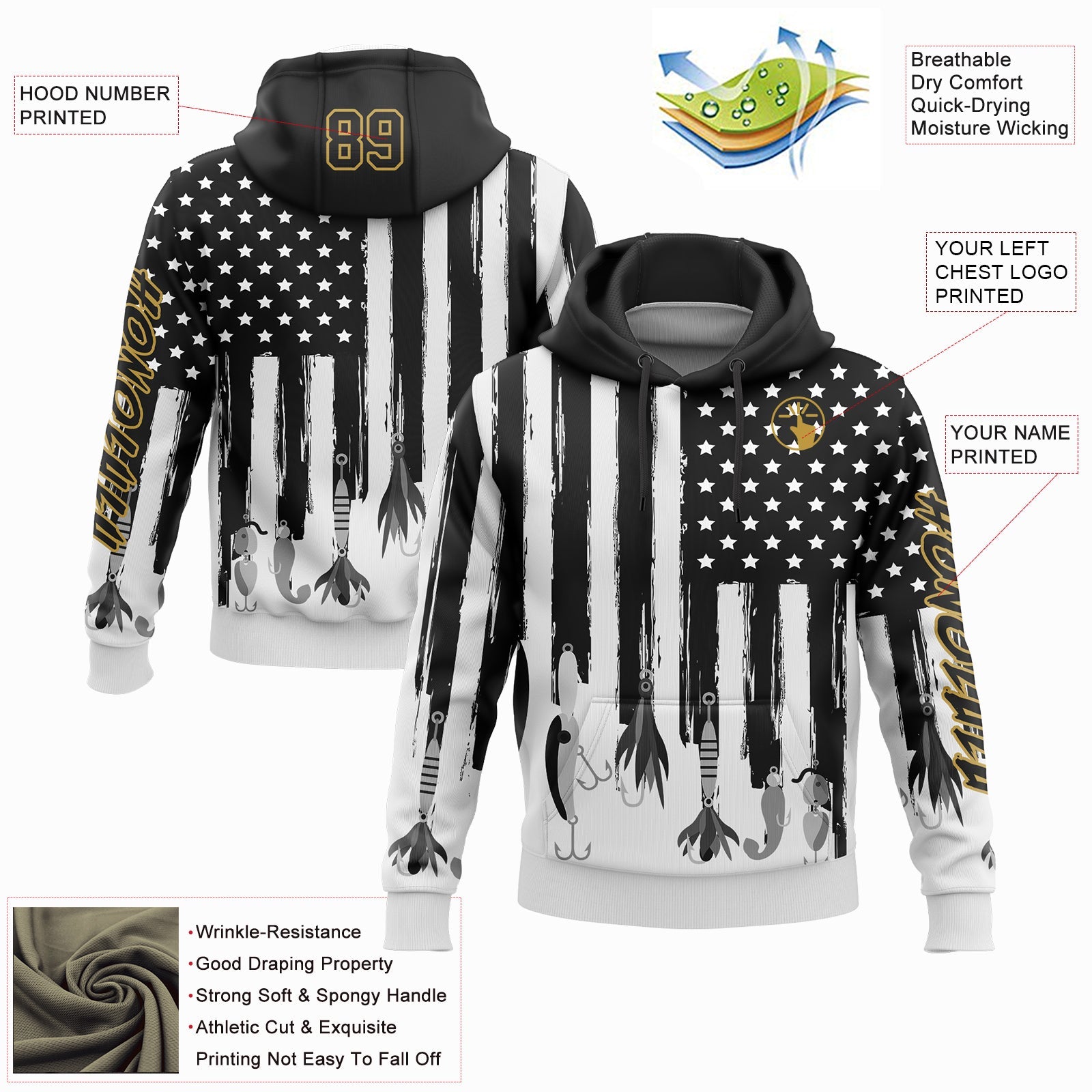 Custom Black Old Gold-White 3D American Flag And Fish Hook Fishing Bait Sports Pullover Sweatshirt Hoodie