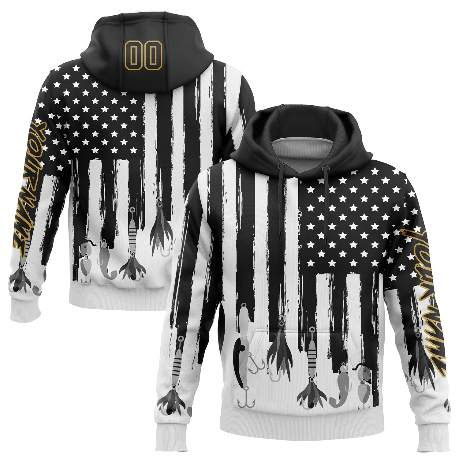 Custom Black Old Gold-White 3D American Flag And Fish Hook Fishing Bait Sports Pullover Sweatshirt Hoodie