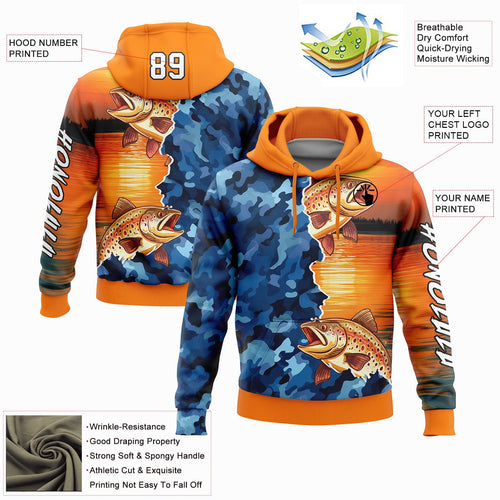 Custom Bay Orange Camo-Black 3D Trout Fish Fishing Sports Pullover Sweatshirt Hoodie