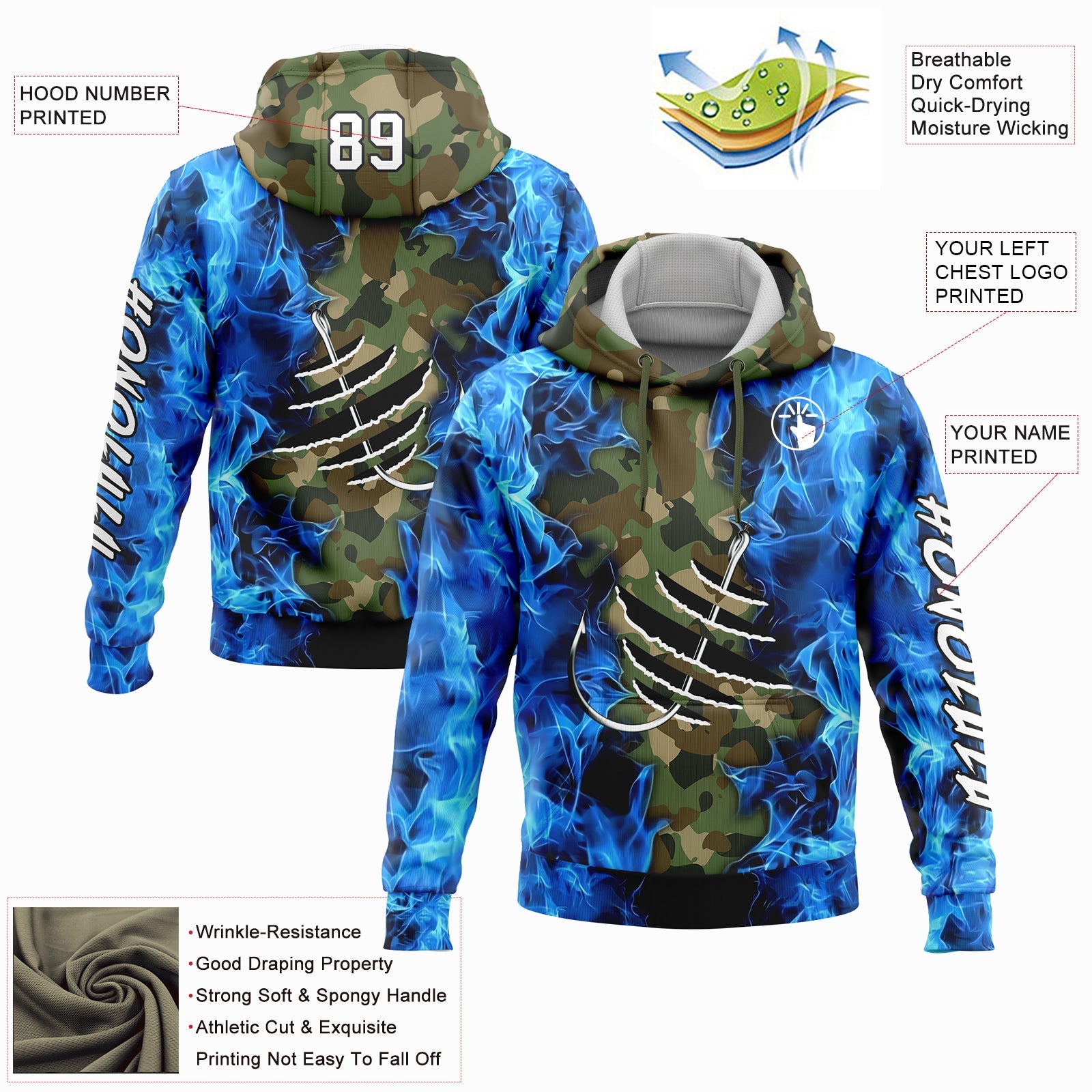 Custom Camo White-Black 3D Flame And Fish Hook Fishing Sports Pullover Sweatshirt Salute To Service Hoodie