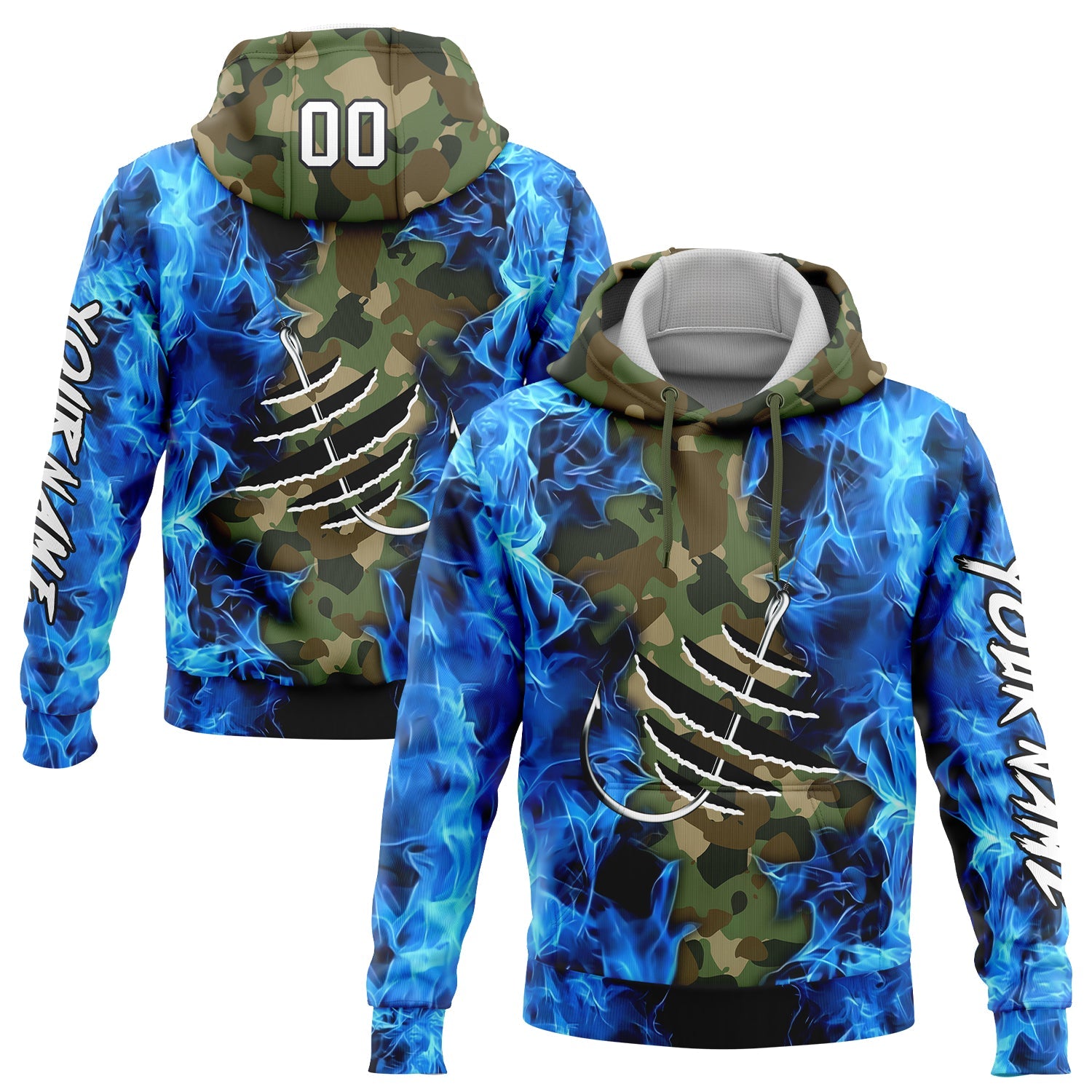 Custom Camo White-Black 3D Flame And Fish Hook Fishing Sports Pullover Sweatshirt Salute To Service Hoodie