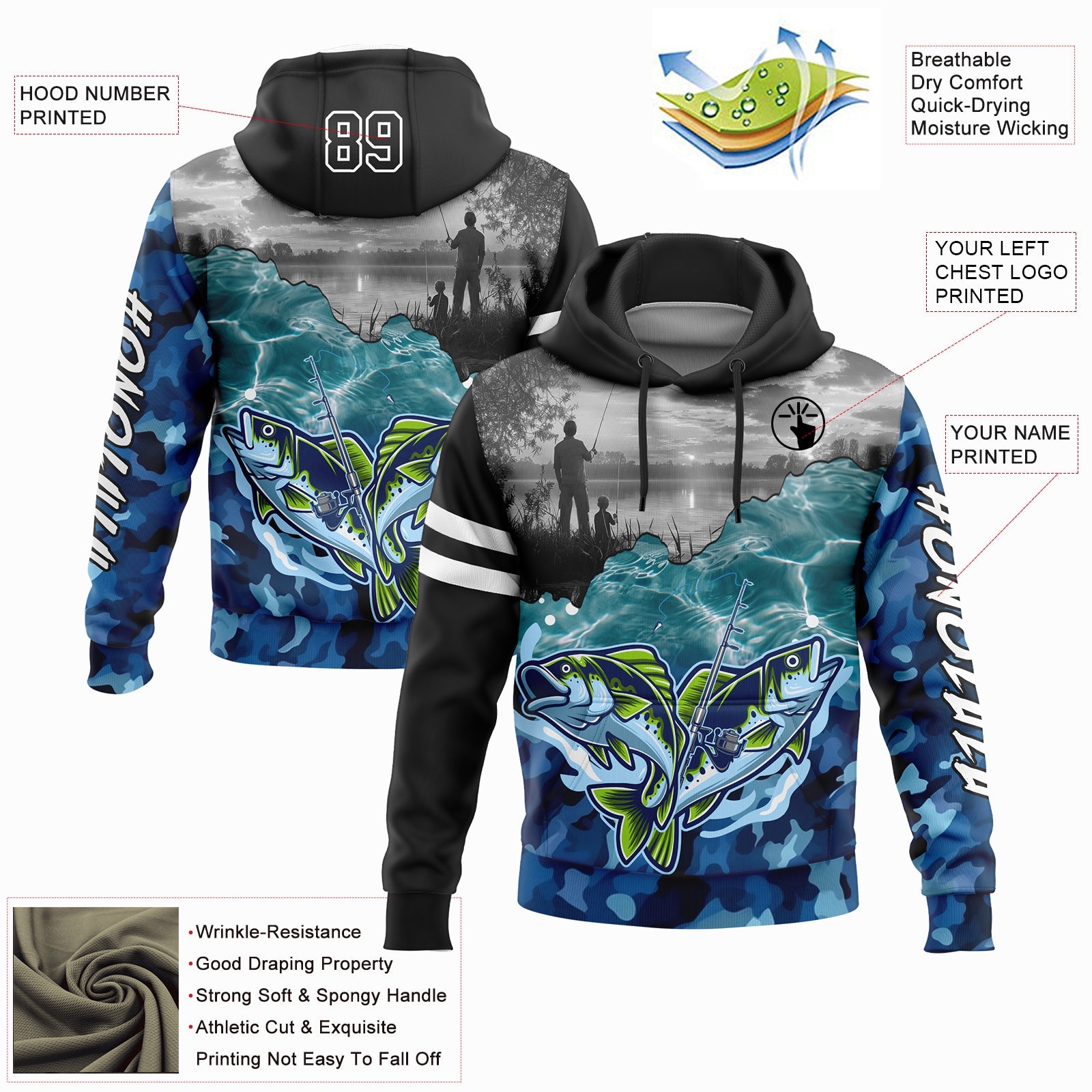Custom Black Camo-White 3D Largemouth Bass Fish Fishing Sports Pullover Sweatshirt Hoodie