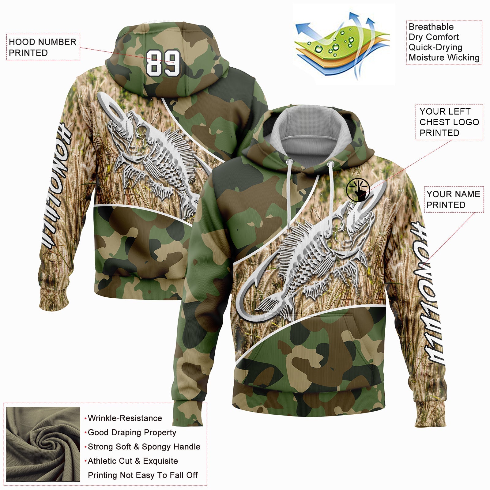 Custom Camo White-Black 3D Fish Hook Skull Fishing Sports Pullover Sweatshirt Salute To Service Hoodie