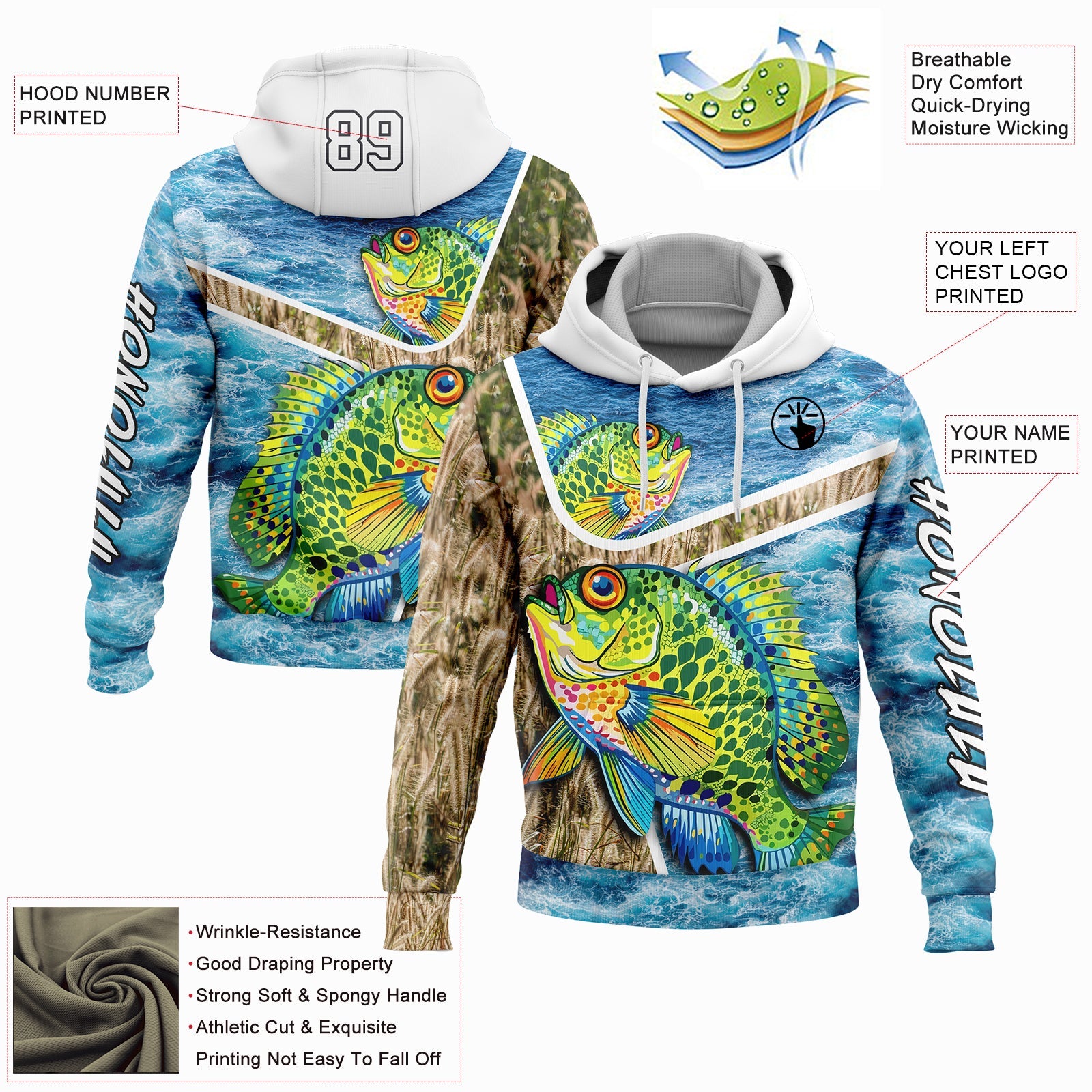 Custom Lakes Blue White Black 3D Sea Waves And Bluegill Fish Fishing Sports Pullover Sweatshirt Hoodie
