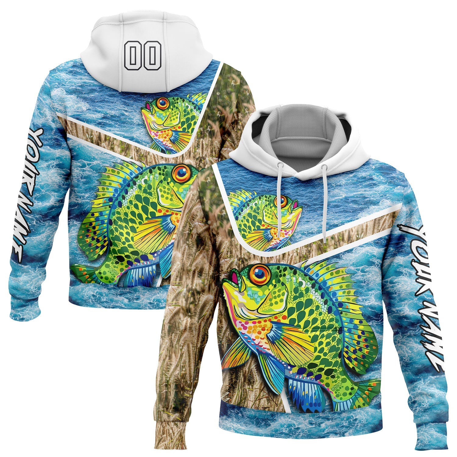 Custom Lakes Blue White Black 3D Sea Waves And Bluegill Fish Fishing Sports Pullover Sweatshirt Hoodie