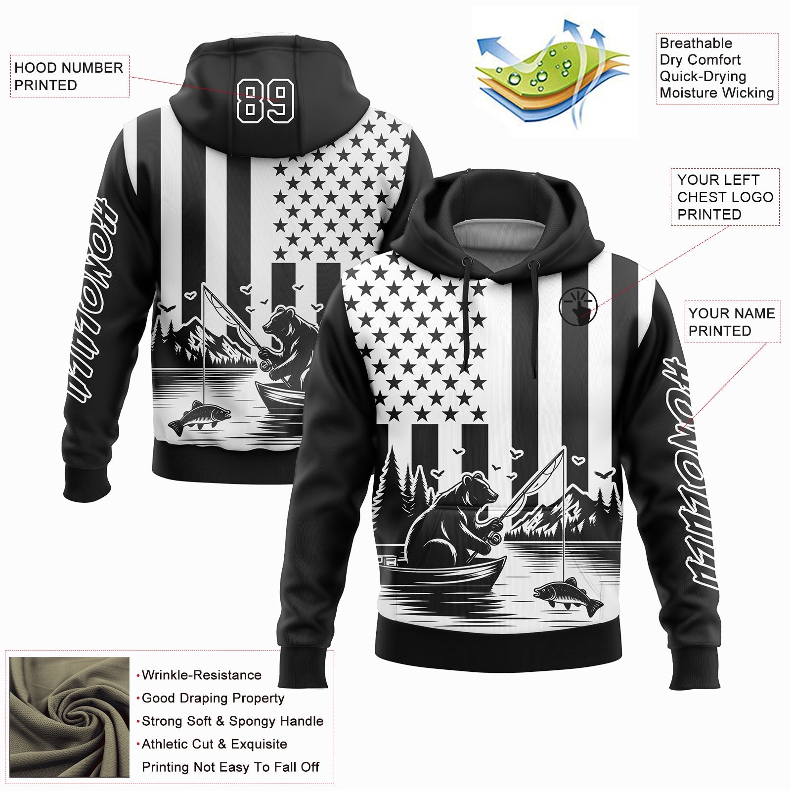 Custom Black White 3D American Flag And Fish Fishing Sports Pullover Sweatshirt Hoodie