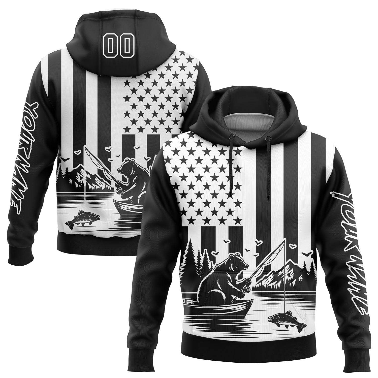 Custom Black White 3D American Flag And Fish Fishing Sports Pullover Sweatshirt Hoodie