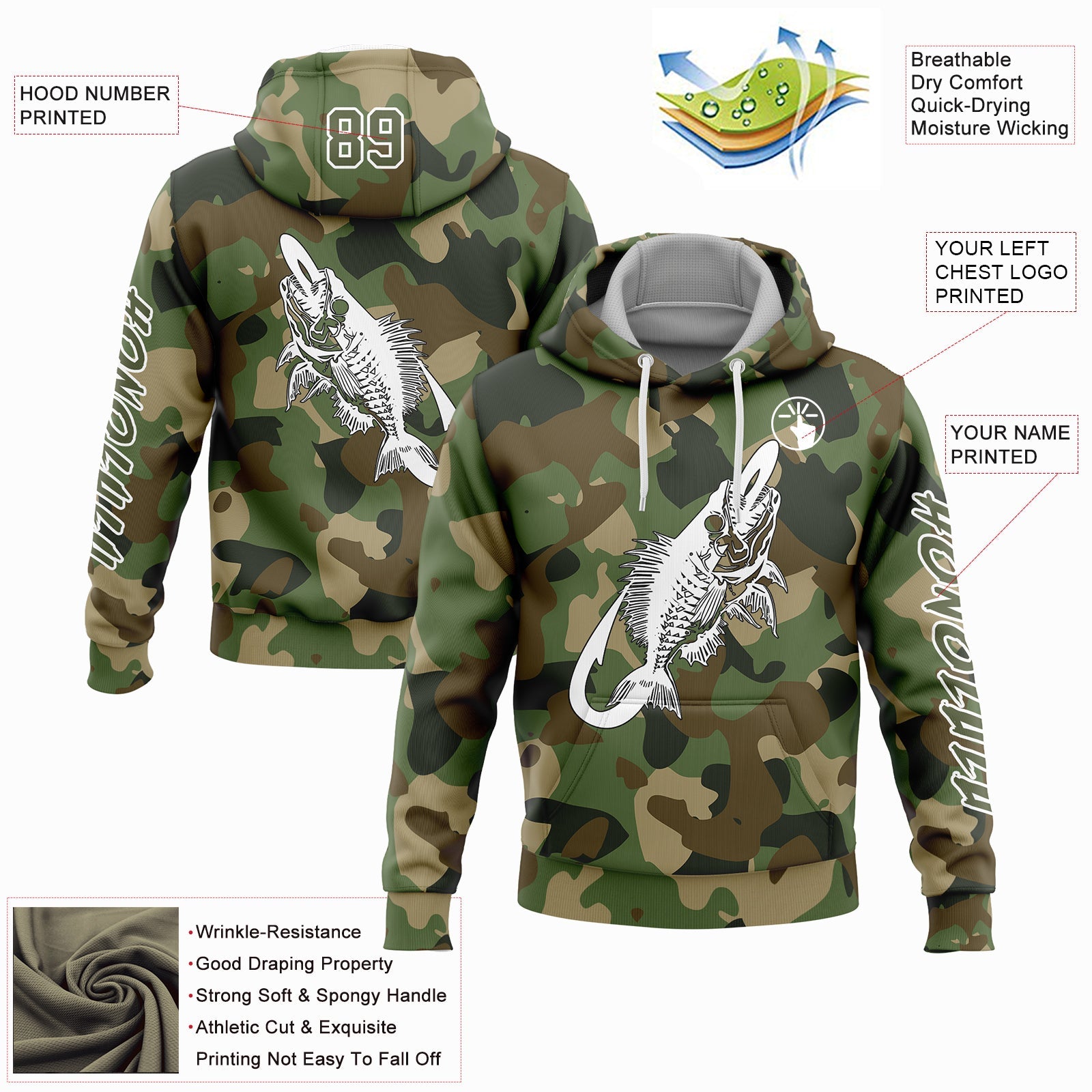 Custom Camo Olive-White 3D Fish Hook Skull Fishing Sports Pullover Sweatshirt Salute To Service Hoodie