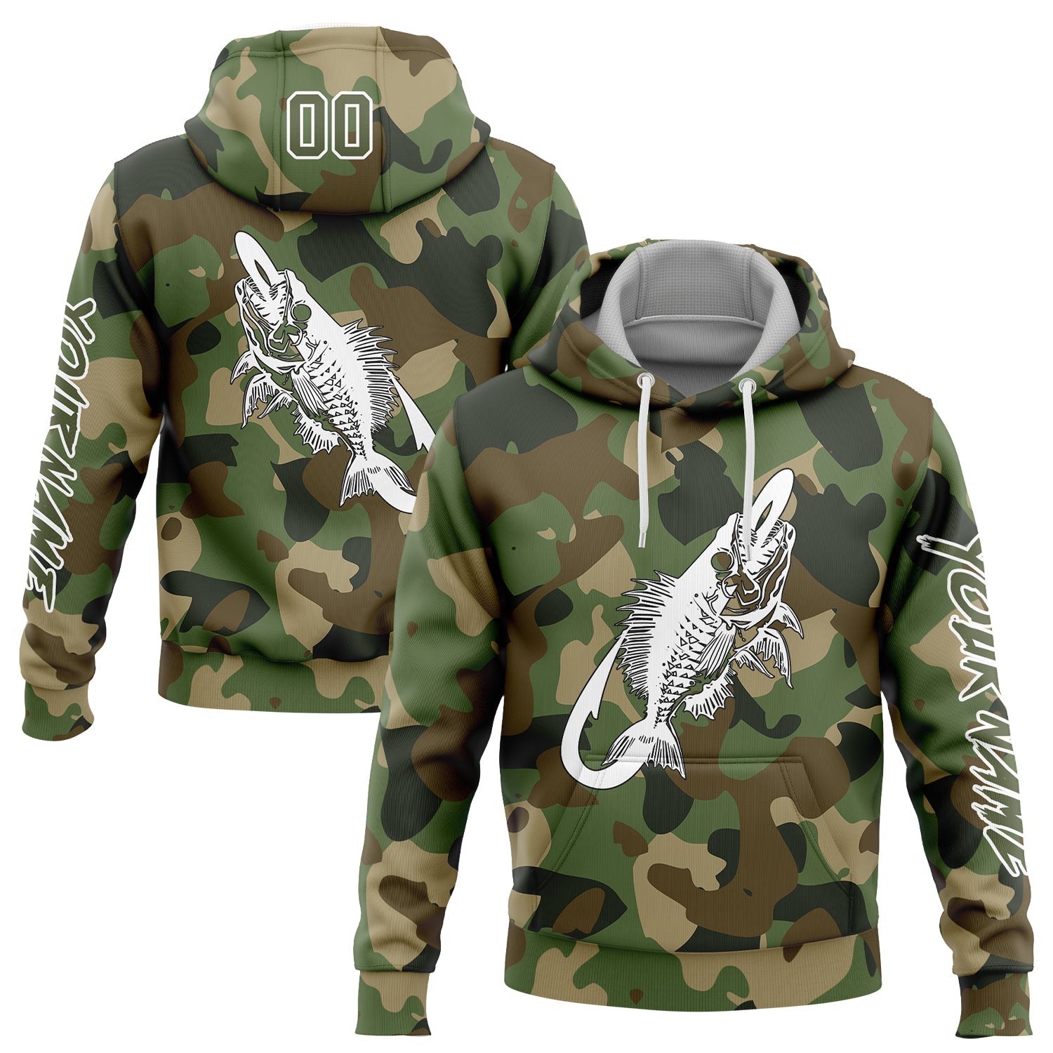 Custom Camo Olive-White 3D Fish Hook Skull Fishing Sports Pullover Sweatshirt Salute To Service Hoodie