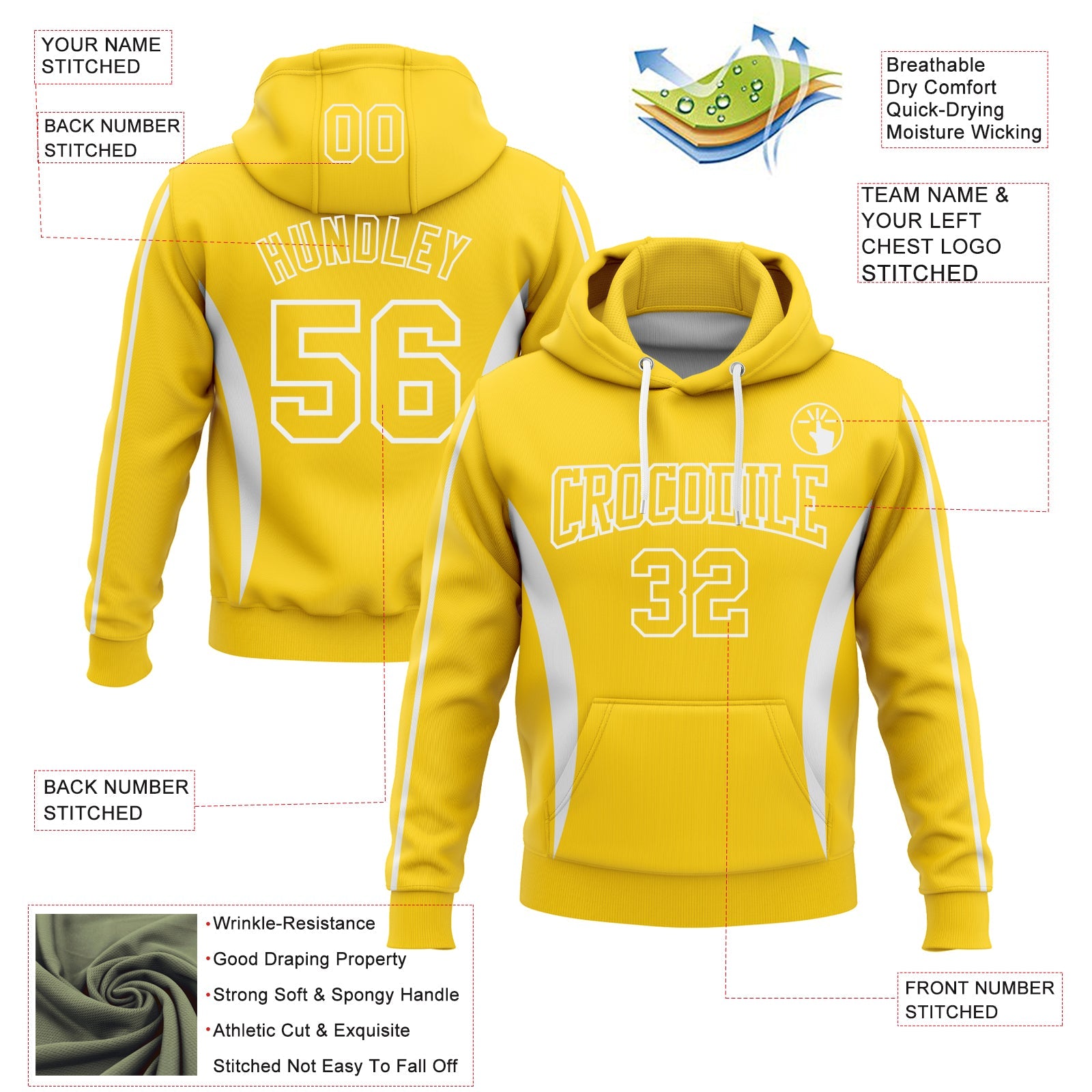 Custom Stitched Gold White 3D Pattern Design Color Blocking Stripe Sports Pullover Sweatshirt Hoodie