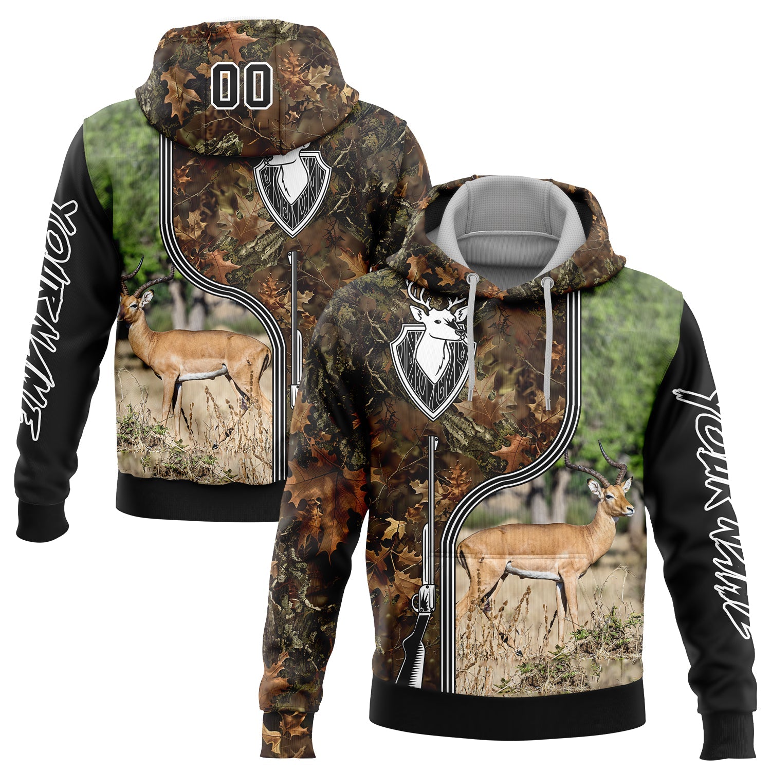 Custom Camo Black-White 3D Deer And Impala Gun Hunting Sports Pullover Sweatshirt Hoodie