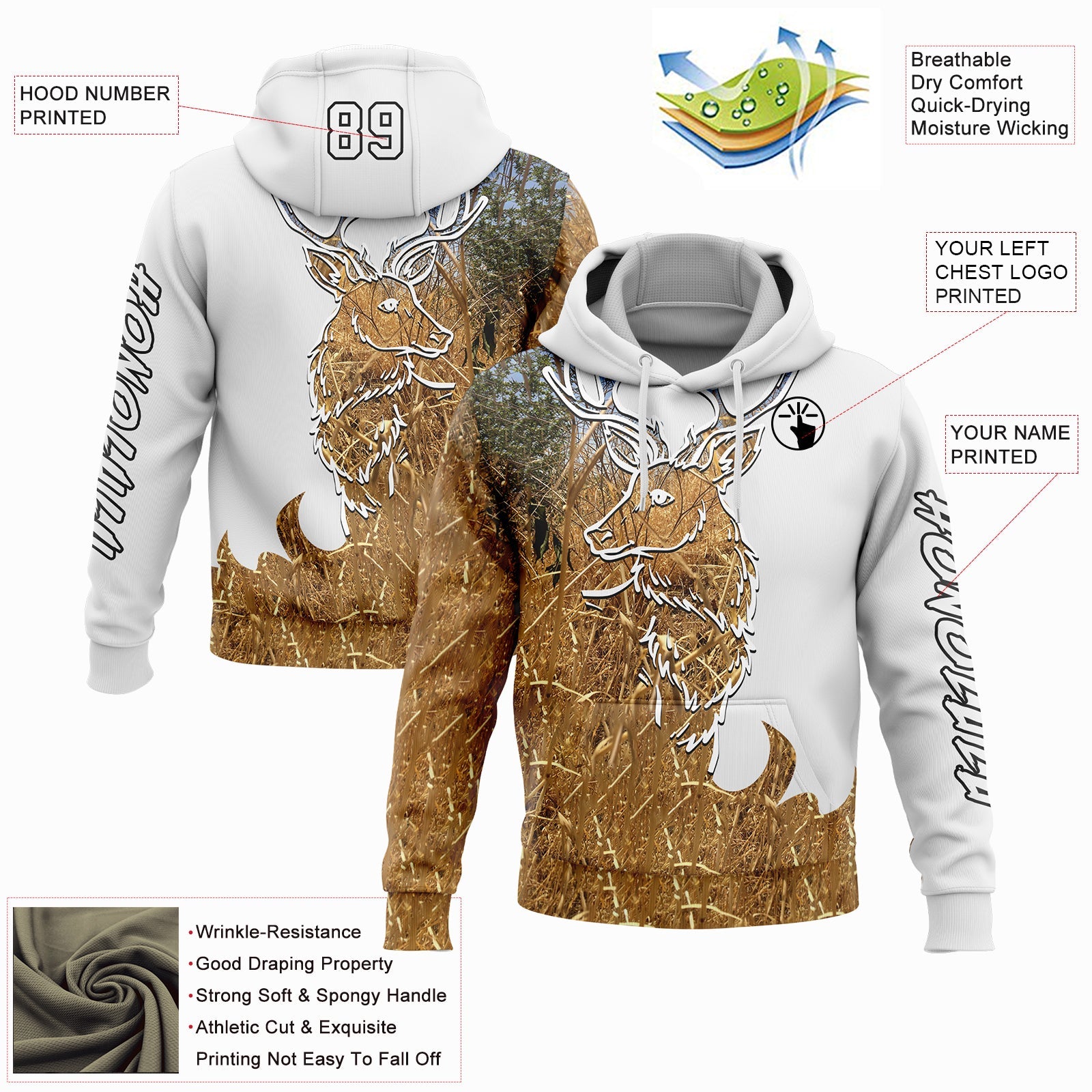 Custom White Black-Old Gold 3D Deer Hunting Sports Pullover Sweatshirt Hoodie