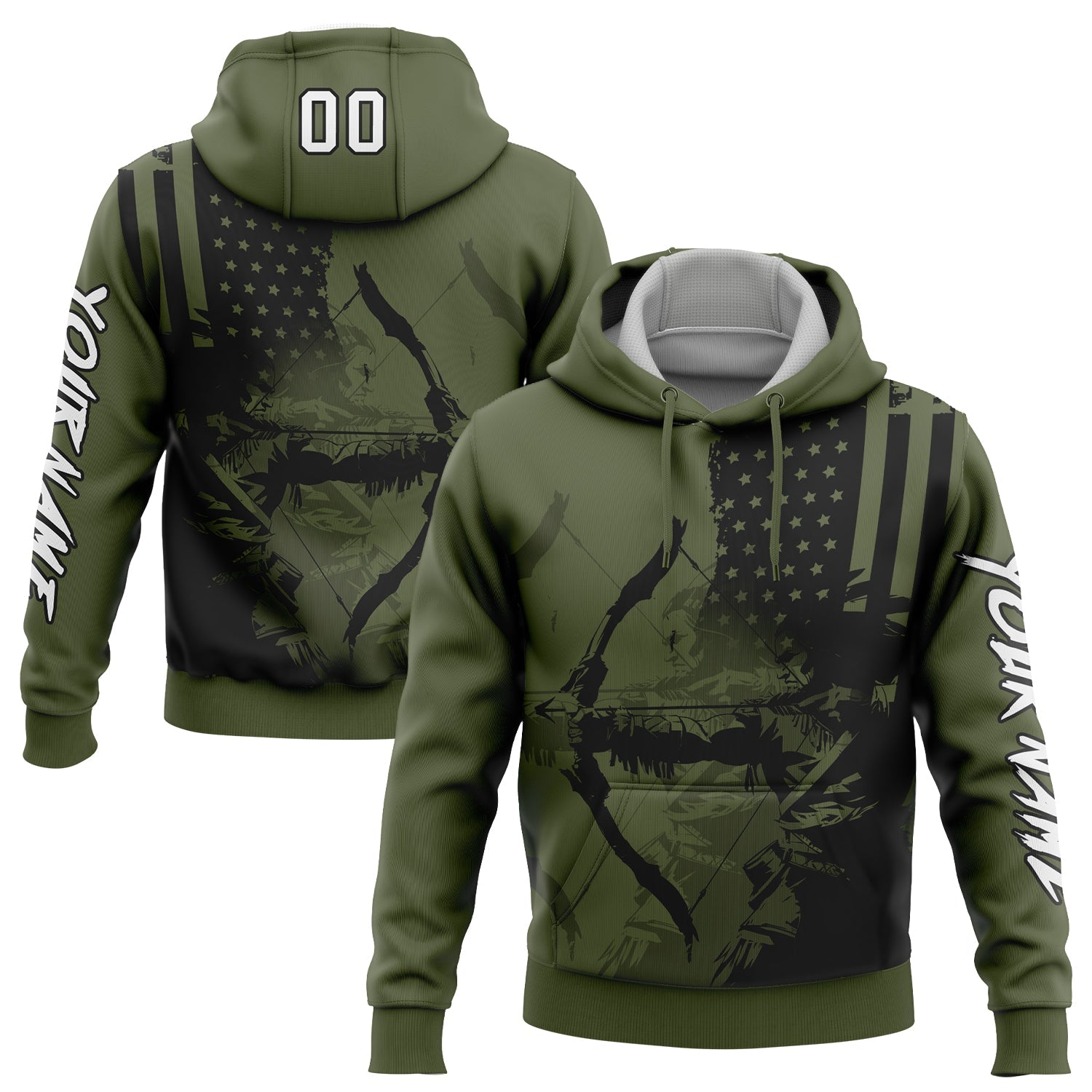 Custom Olive White-Black 3D American Flag And Bow Hunter Hunting Sports Pullover Sweatshirt Hoodie