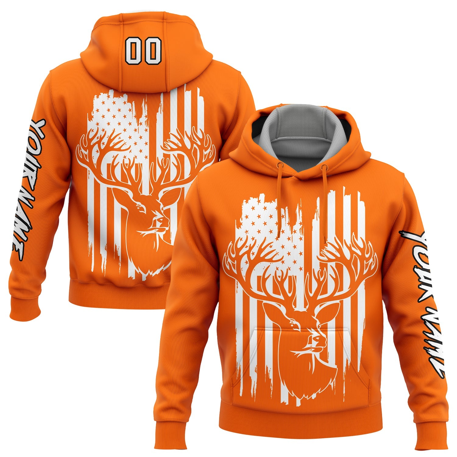 Custom Bay Orange White-Black 3D American Flag And Deer Hunting Sports Pullover Sweatshirt Hoodie