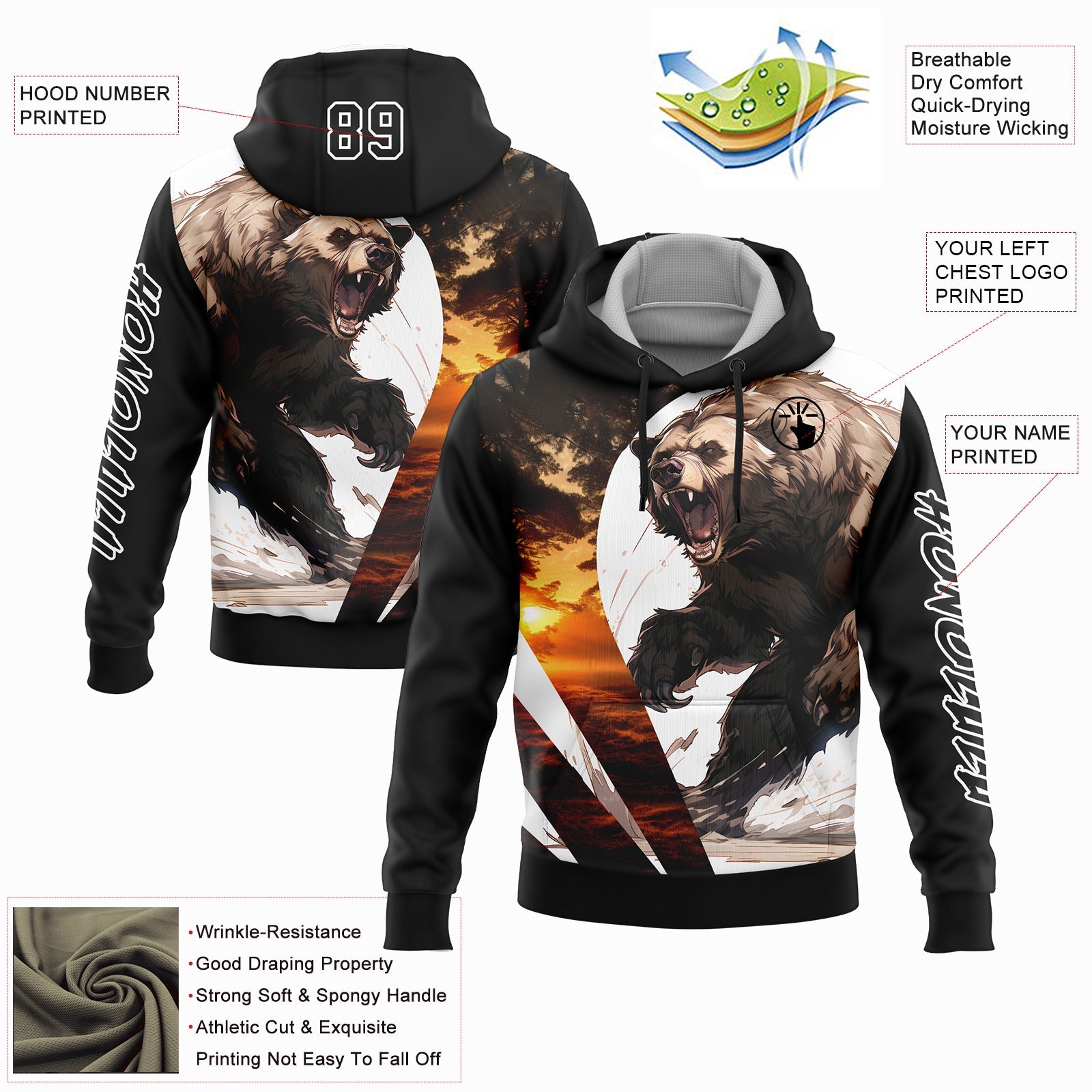 Custom Black White 3D Bear Hunting Sports Pullover Sweatshirt Hoodie