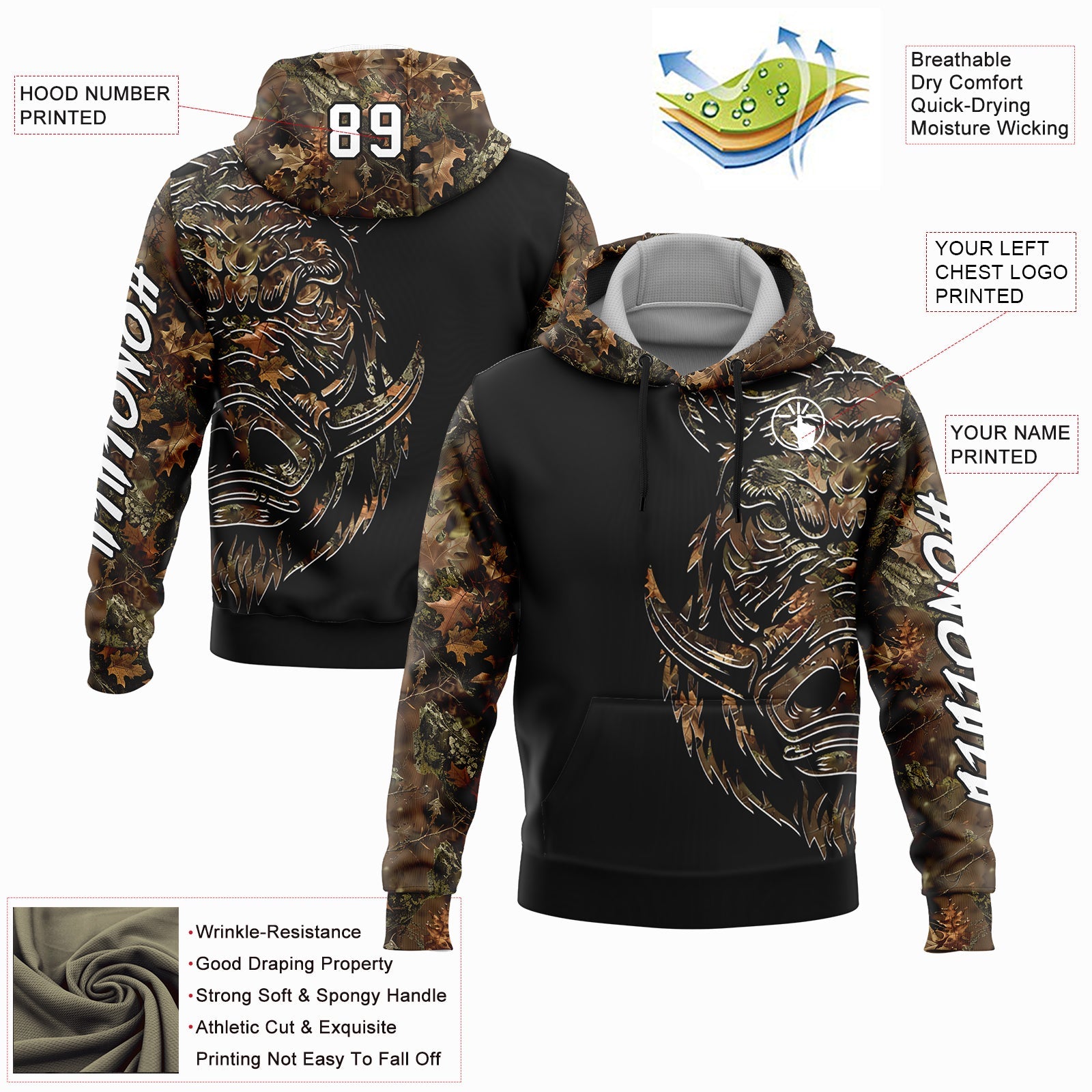 Custom Camo White-Black 3D Wild Boar Hunting Sports Pullover Sweatshirt Hoodie
